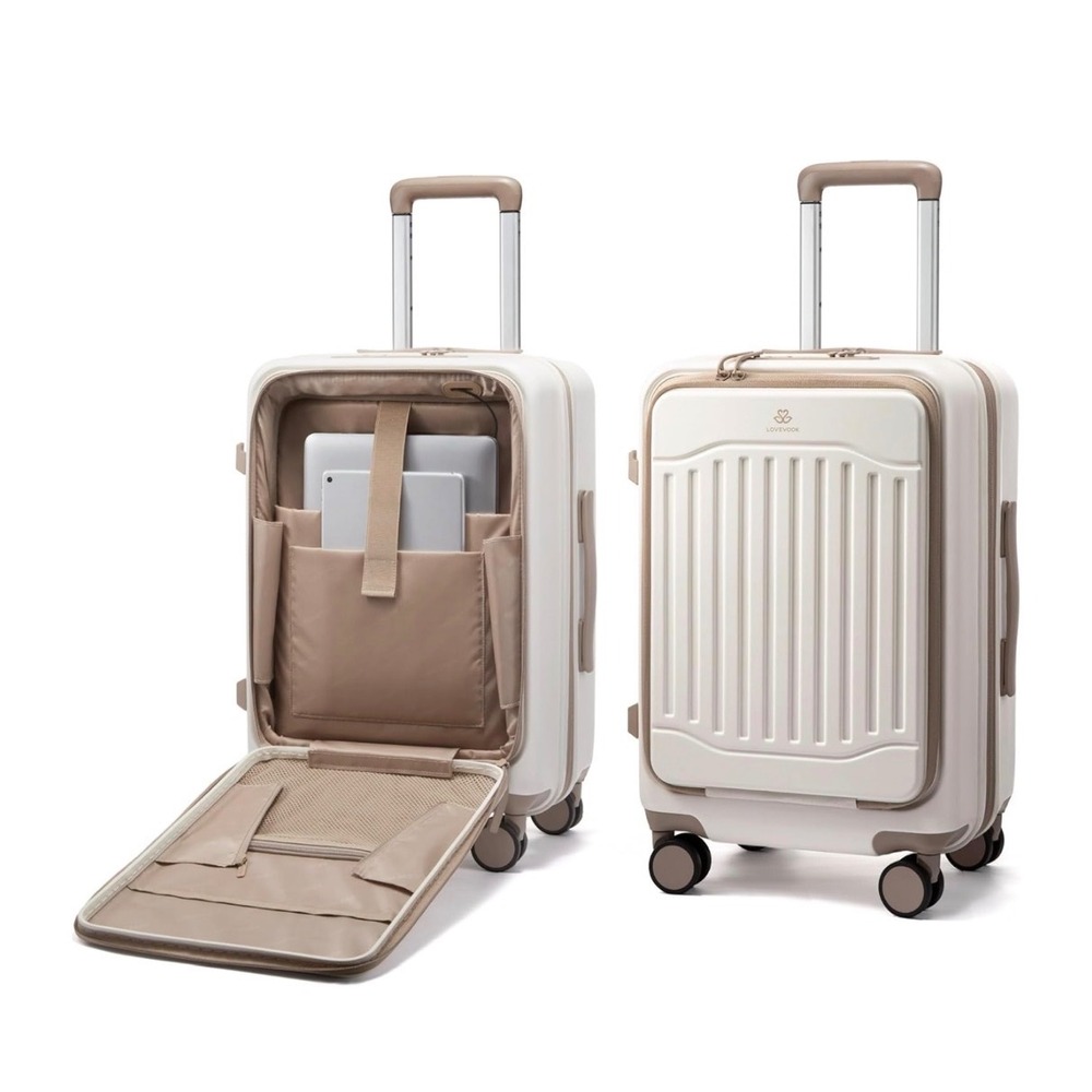 Lovevook 24 inch Carry On Luggage Hardside Spinner Suitcase USB Port White Khaki